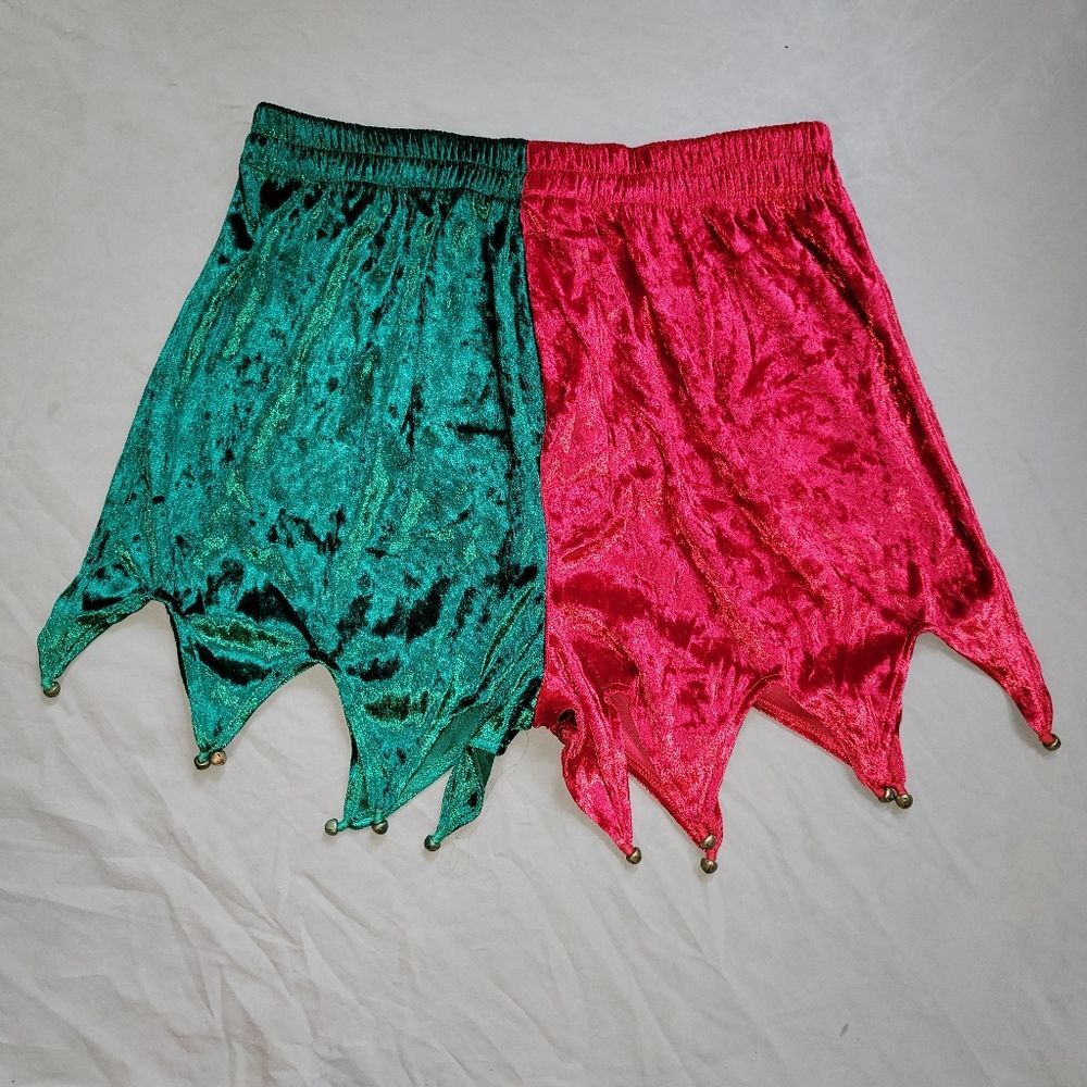 Mens medium red and green velvet Christmas theme shorts with bells
